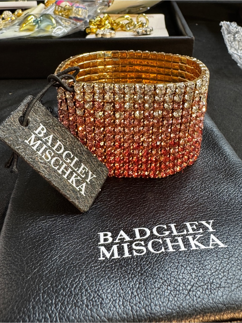 Badgley Mischka Gold and Gradient Pink-Red Crystal Stretch Bracelet